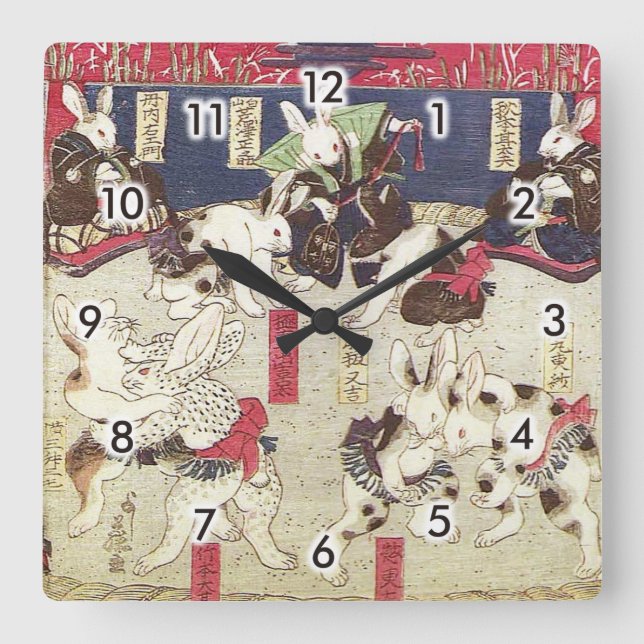 兎 相 撲, 芳 Sumo Rabbits, Yoshifuji, Ukiyo-e, Quadratische Wanduhr (Vorderseite)