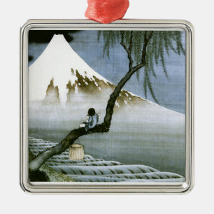 北 斎 Boy & Mt Fuji Fine Art Silbernes Ornament