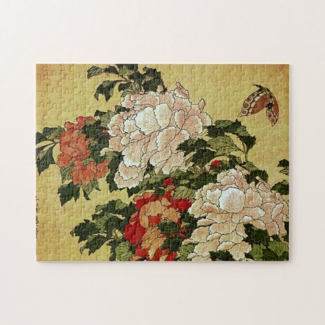 北 斎 Hokusai Peonies & Butterflies Kunstkunst Puzzle (Horizontal)