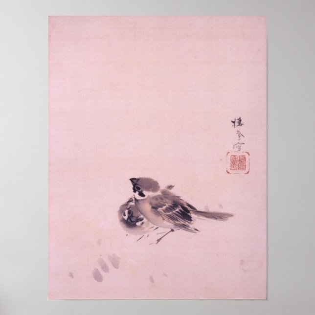 双 雀, 栖 Paar 鳳 Sparrow, Seihō, japanische Kunst Poster (Vorne)