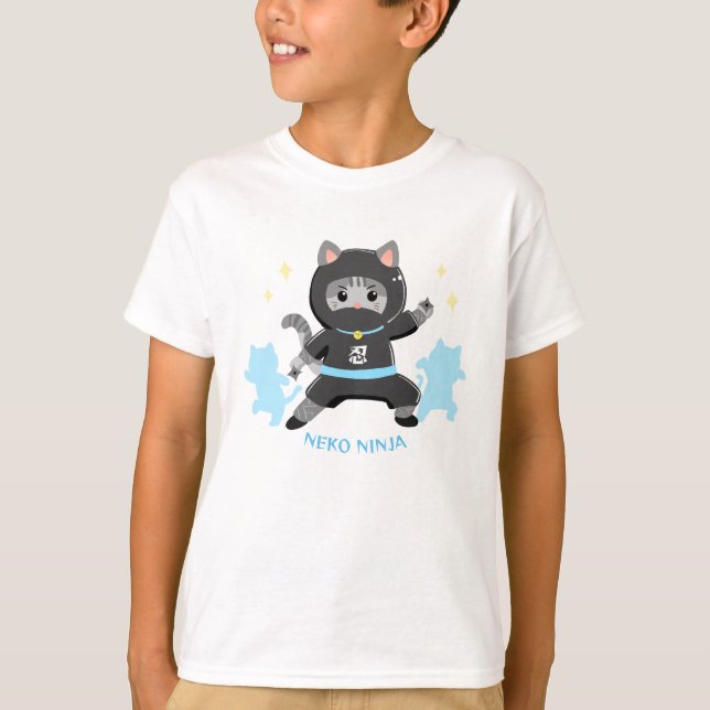 可愛い猫忍者 日本 ブルー Cat Ninja from Japan Blue T-Shirt (Vorderseite)