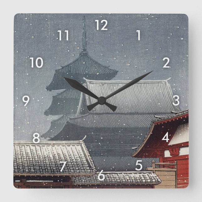 四 天 寺, Shitennō-ji in Osaka, Hasui Kawase, Woodcut Quadratische Wanduhr (Vorderseite)