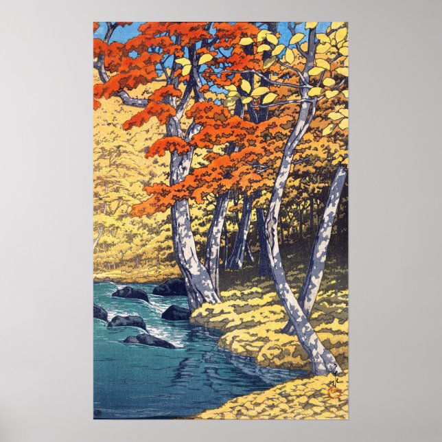 奥 入 瀬 秋, Herbst in Oirase, Hasui Kawase, Woodcut Poster (Vorne)