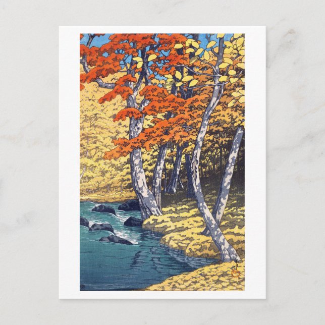 奥 入 瀬 秋, Herbst in Oirase, Hasui Kawase, Woodcut Postkarte (Vorderseite)