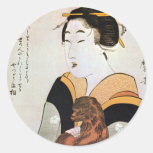 女 と 犬, 歌 Frauen und Hunde, Utamaro, Ukiyos Runder Aufkleber
