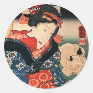 女 と 眠 猫, 国 und Schlafkatze, Kuniyoshi, る Runder Aufkleber