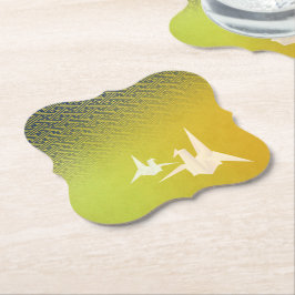 折鶴と紗綾形紋様（金地に紺青色）のペーパーコースター UNTERSETZER