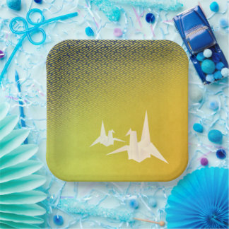 折鶴と紗綾形紋様(金地に紺青色)のペーパープレート PAPPTELLER