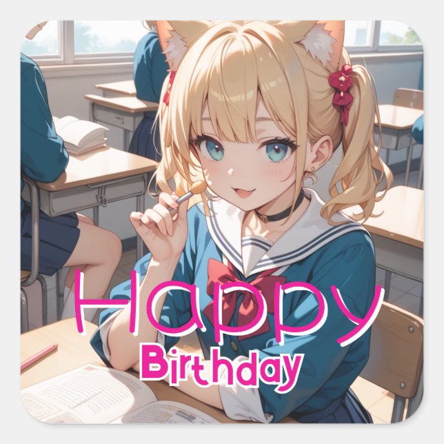 教室にいる猫耳の少女 QUADRATISCHER AUFKLEBER (Vorderseite)