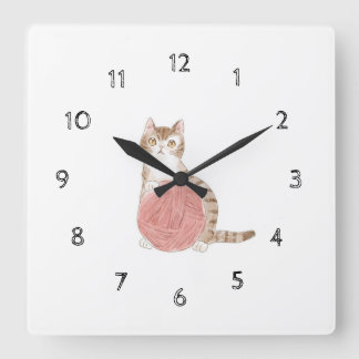 文字 カスタマイズ 猫と毛糸玉 by:Siori.K アクリル壁時計 Quadratische Wanduhr