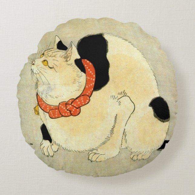 日 本 猫, 国 Japanischer Katze, Kuniyoshi, Ukiyo-e Rundes Kissen (Vorderseite)