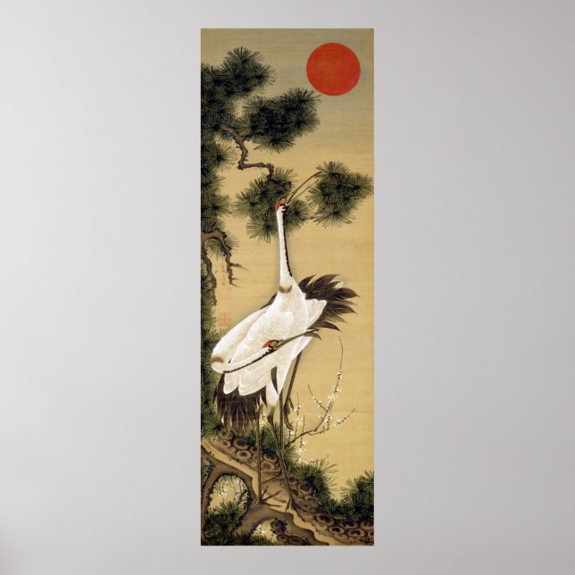 旭 日 松 図, 若 冲 Cranes & Morning Sun, Jakuchū Poster (Vorne)