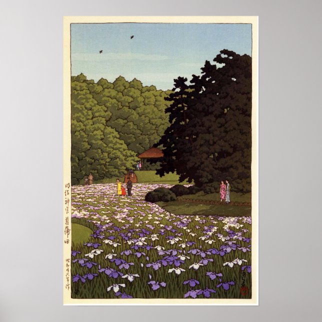 明 治 神 宮 園 Iris Garden in Meiji Shrine, Hasui Kawas Poster (Vorne)