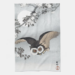 月 と ロ ウ, 古 邨 Flying Owl & Moon, Ukiyo-e Handtuch