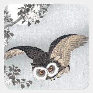 月 と ロ ウ, 古 邨 Flying Owl & Moon, Ukiyo-e Quadratischer Aufkleber