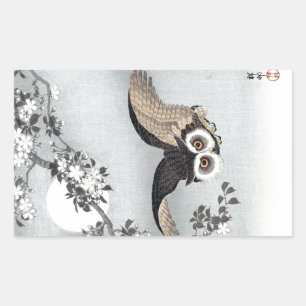 月 と ロ ウ, 古 邨 Flying Owl & Moon, Ukiyo-e Rechteckiger Aufkleber