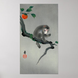 柿に猿, 古邨 Monkey on Persimmon tree, Ohara Koson Poster