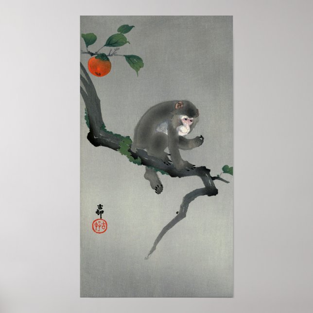 柿 に 猿, 古 Monkey am Persimmonbaum, Ohara Koson, Poster (Vorne)