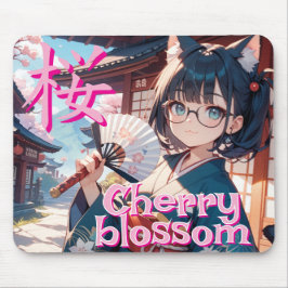 桜と猫耳の少女と扇子 MOUSEPAD