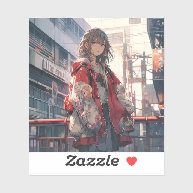 橋に佇む赤い服の娘シール Seal｜東京娘 GenerativeAI Aufkleber (Blatt)