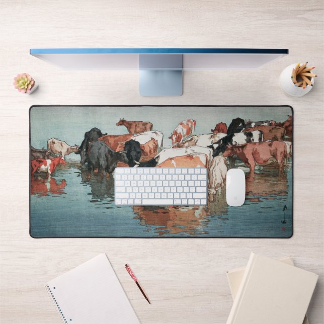 沼 崎 場 昼, Kühe, Hiroshi Yoshida, Holzschnitt Schreibtischunterlage (Büro 1)