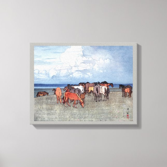 沼 崎 場, Pferde, Hiroshi Yoshida, Holzschnitt Leinwanddruck (Vorderseite)