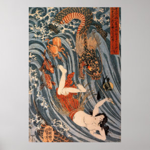 海 女 龍, 国 芳, Frauen & Drachen, Kuniyoshi, Ukiyo-e Poster