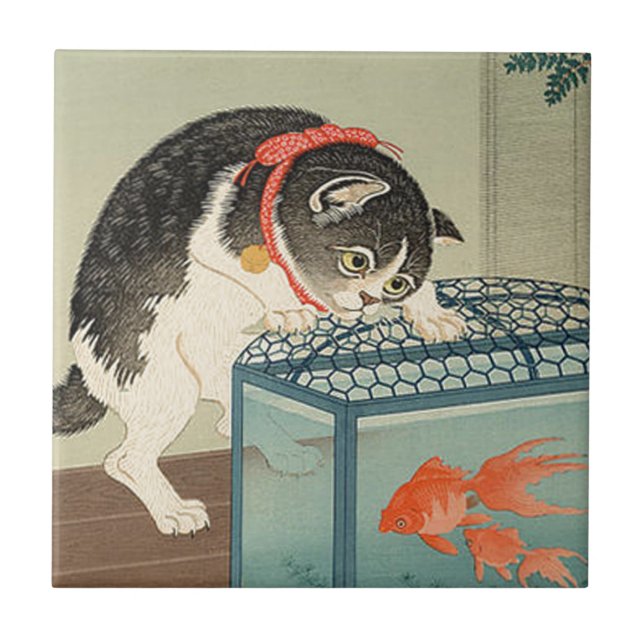 猫と金魚, 古邨 Katze u. Goldfisch, Koson, Ukiyo-e Fliese (Vorderseite)