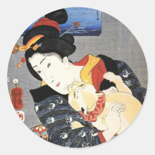 猫 と 女, 国 Katze und Frauen, Kuniyoshi, Ukiyoshi Runder Aufkleber
