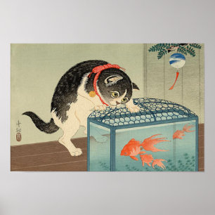 猫 と 魚, 古 Cat & Goldfish, Koson, Ukiyo-e, 邨 Poster