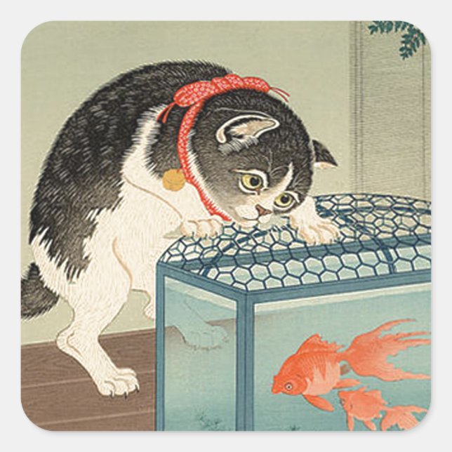 猫 と 魚, 古 Cat & Goldfish, Koson, Ukiyo-e, 邨 Quadratischer Aufkleber (Vorderseite)