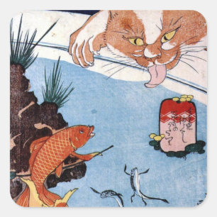 猫 と 魚, 国 Cat and Goldfish, Kuniyoshi, Ukiyo-e Quadratischer Aufkleber