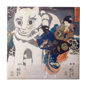 猫 の 雪 だ ま,国 Big Cat Snowman, Kuniyoshi, Ukiyo-e Fliese