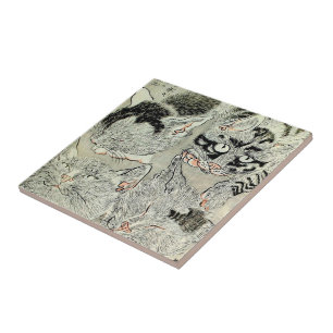猫, 暁斎 Katzen, Kyōsai, Ukiyo-e Fliese