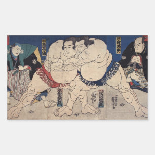 相 撲, 国 Sumo Wrestling, Kuniyoshi, Ukiyo-e Rechteckiger Aufkleber