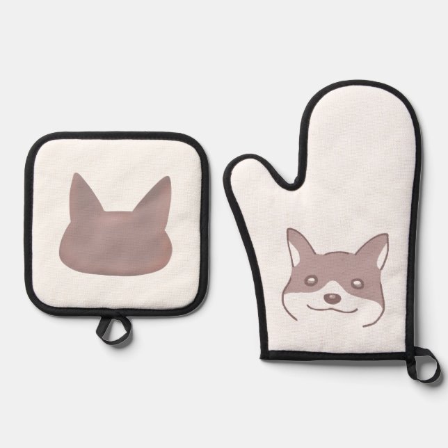 穏やかな茶色の犬デザイン OFENHANDSCHUH & Topflappen-Set (Vorderseite)
