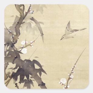竹 に 鳥, 其 Bird und Bamboo, Kiitsu, Japan Art Art Quadratischer Aufkleber