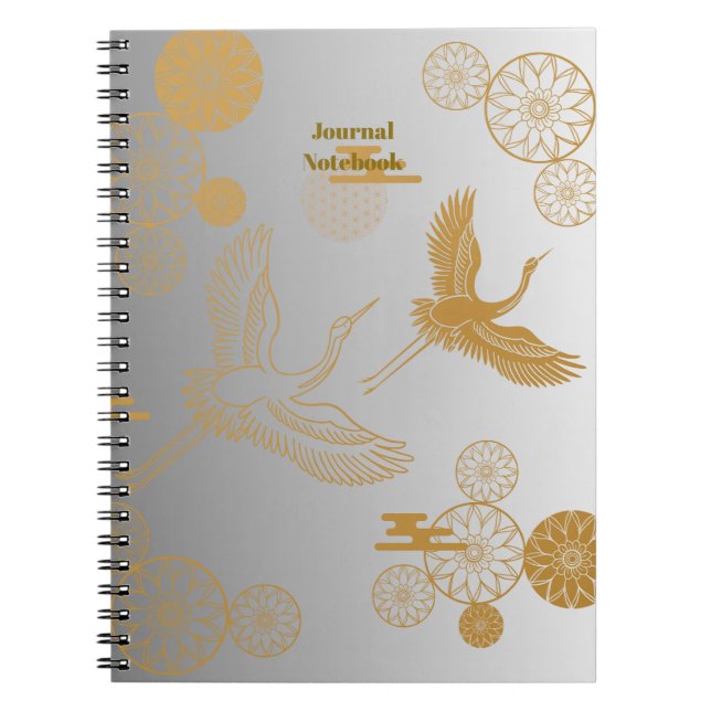 縁起の良い金色の日本の鶴模様《白×シルバー》ジャーナル NOTIZBLOCK (Vorderseite)
