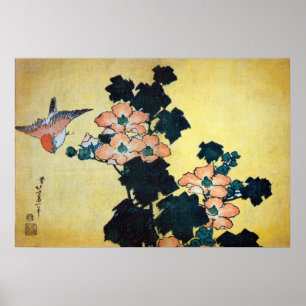 芙 蓉 雀, 北 Hibiskus Mutabilis und Sparrow, Hokusai Poster