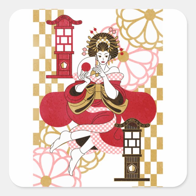 花魁と行灯（Oiran and Andon） Quadratischer Aufkleber (Vorderseite)