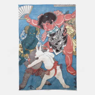 金太郎と動物, 国芳 Kintaro u. Tiere, Kuniyoshi, Ukiyo-e Küchentuch
