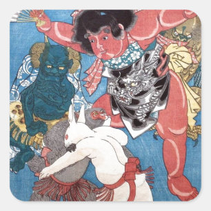 金 太 郎 と 物,国 Kintaro & Animals, Kuniyoshi, Ukiyo-e Quadratischer Aufkleber