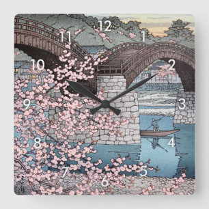 錦帯橋の春宵, Frühling an Kintai Brücke, Hasui Kawase Quadratische Wanduhr