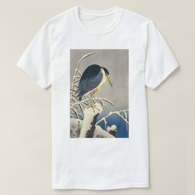 雪に青サギ, 小原古邨 blauer Reiher im Schnee, Ohara Koson T-Shirt (Design vorne)