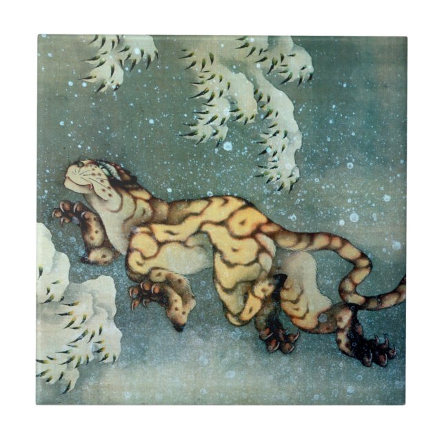 雪中虎図, 北斎 Tiger im Schnee, Hokusai, Kunst Fliese (Vorderseite)