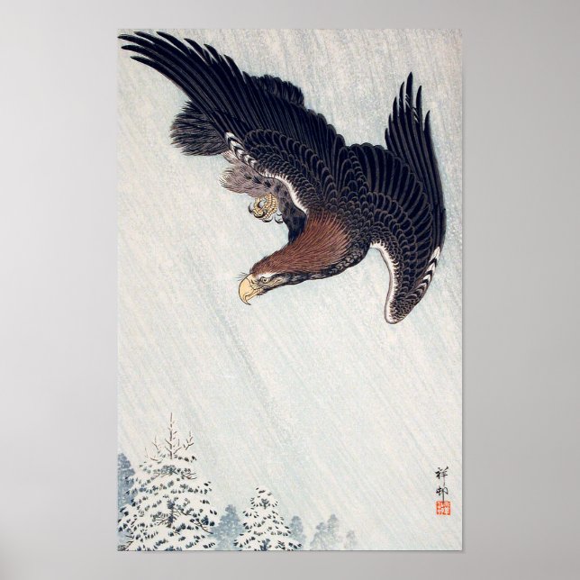 雪 に 鷲, 古 Adler im Schnee, Ohara Koson, Woodcut Poster (Vorne)