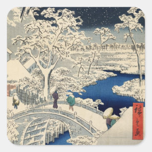 雪 の 太 橋, 広 重 Snowy Drum bridge, Hiroshige, Ukiyo-e Quadratischer Aufkleber