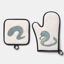 青々とした緑の可愛いへび OFENHANDSCHUH & Topflappen-Set