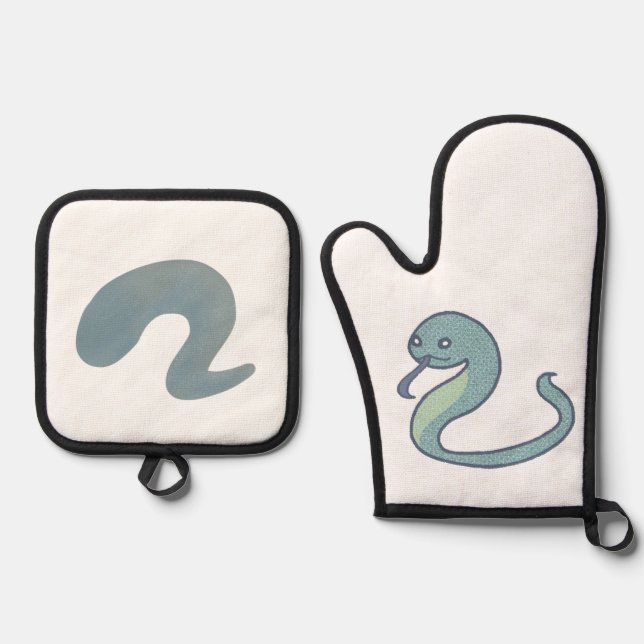 青々とした緑の可愛いへび OFENHANDSCHUH & Topflappen-Set (Vorderseite)