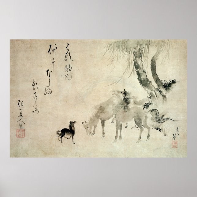 馬 家 族, 北 Familie 斎 Pferd, Hokusai, Sumi-e Poster (Vorne)